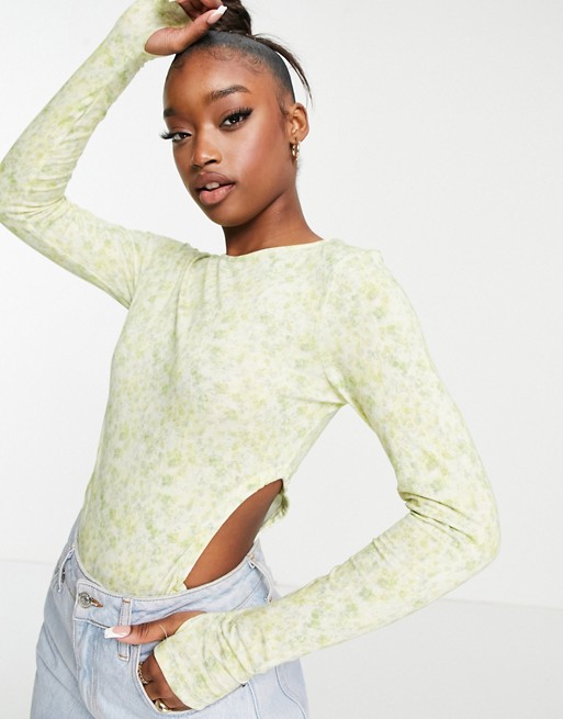 NA-KD cotton cut out floral print top in green - MGREEN