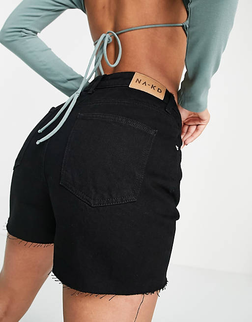  NA-KD organic cotton denim shorts with raw hem in black 