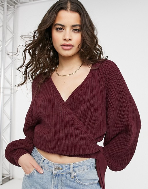NA-KD organic cotton knitted wrap jumper in burgundy