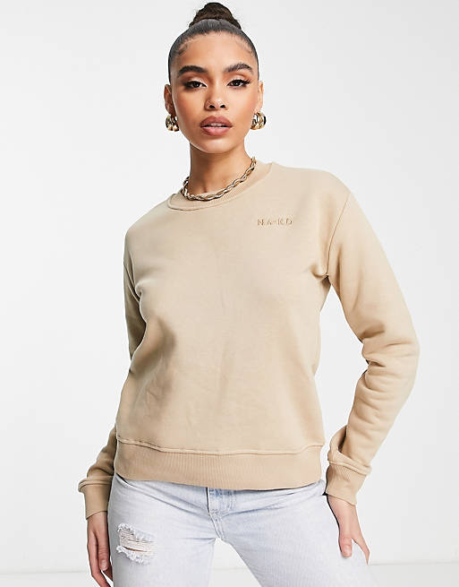 Women NA-KD organic cotton logo print sweatshirt in beige 