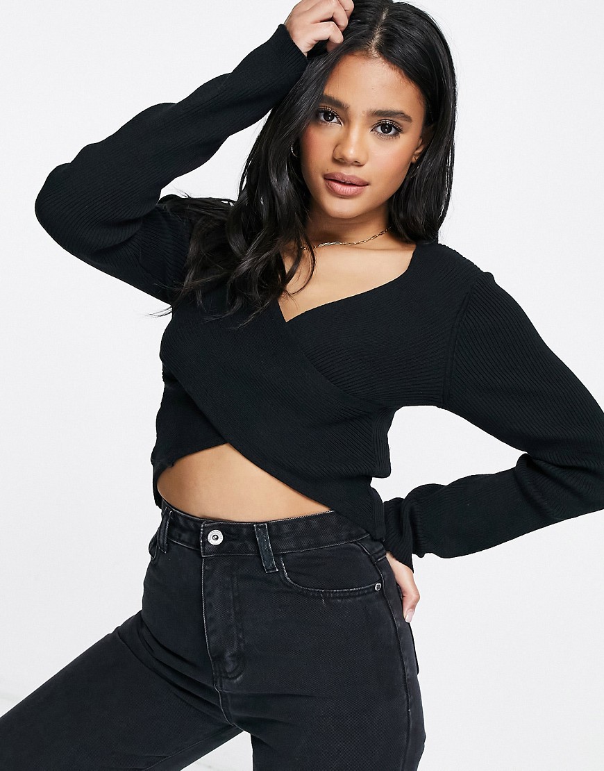 NA-KD organic cotton ribbed crossover cropped top in black