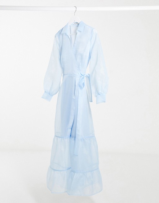 NA-KD organza wrap waist maxi dress in light blue