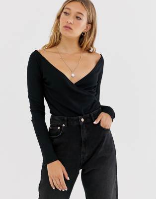 NA-KD overlapped long-sleeve deep V top in black