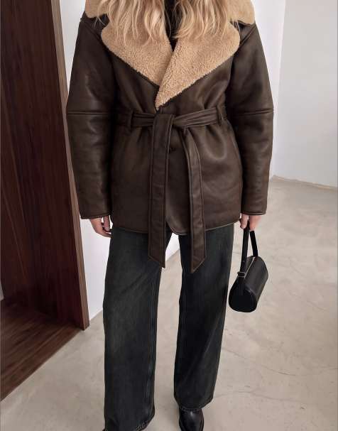 NA-KD Oversized belted bonded jacket in brown - view 1