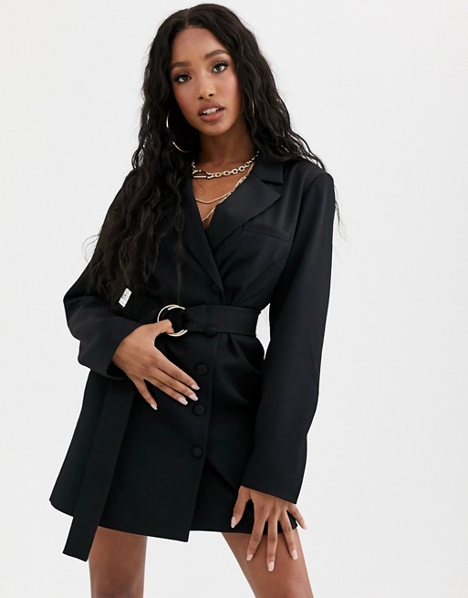 NA-KD oversized belted mini blazer dress in black