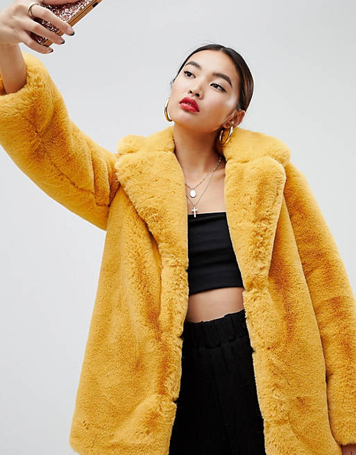 Na-kd oversized faux fur coat in mustard | ASOS