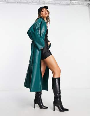 NA-KD oversized faux leather trench coat in green