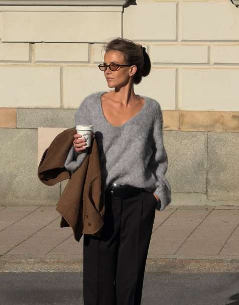 NA-KD Oversized knitted alpaca blend scoop neck sweater in light grey - view 1