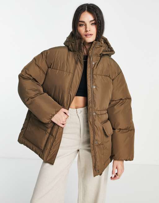 NA-KD oversized padded jacket with hood in brown
