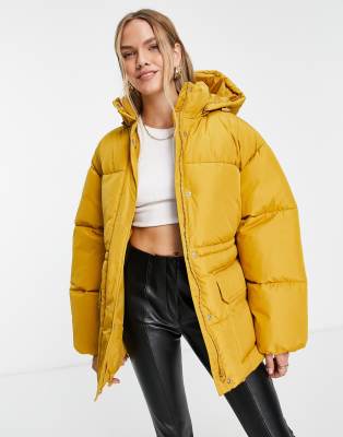 NA-KD oversized padded jacket with hood in mustard - ASOS Price Checker