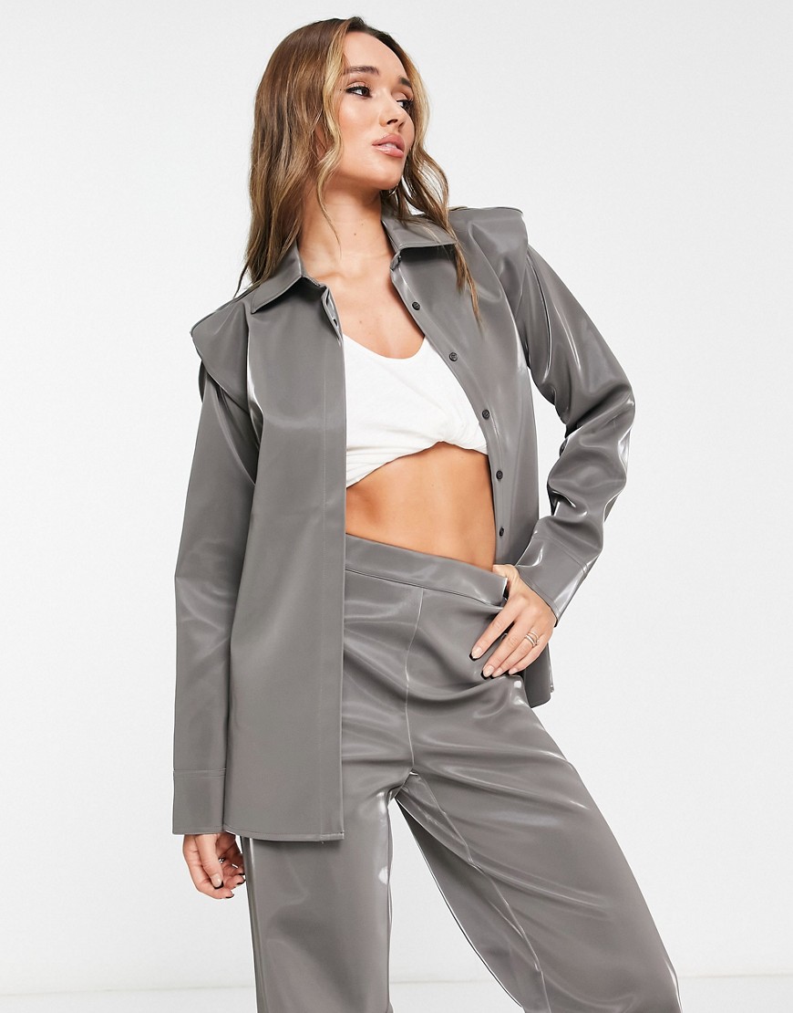 NA-KD oversized shirt with hidden buttons in liquid silver co-ord