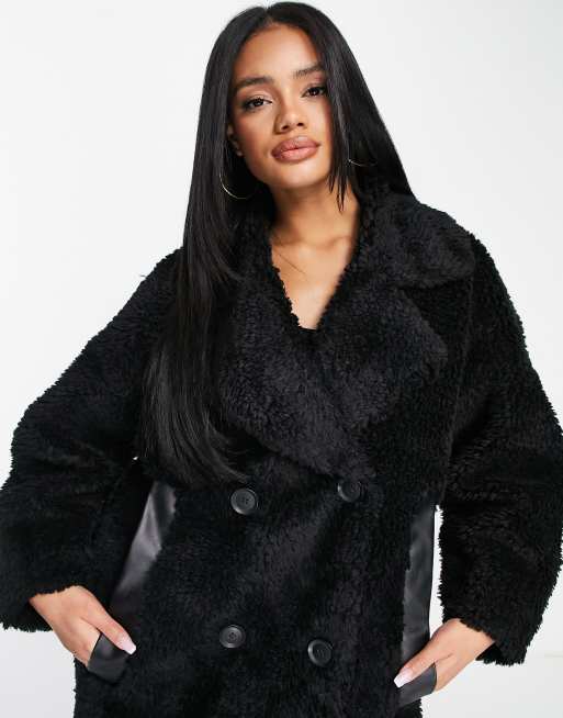 NA KD oversized teddy coat in black