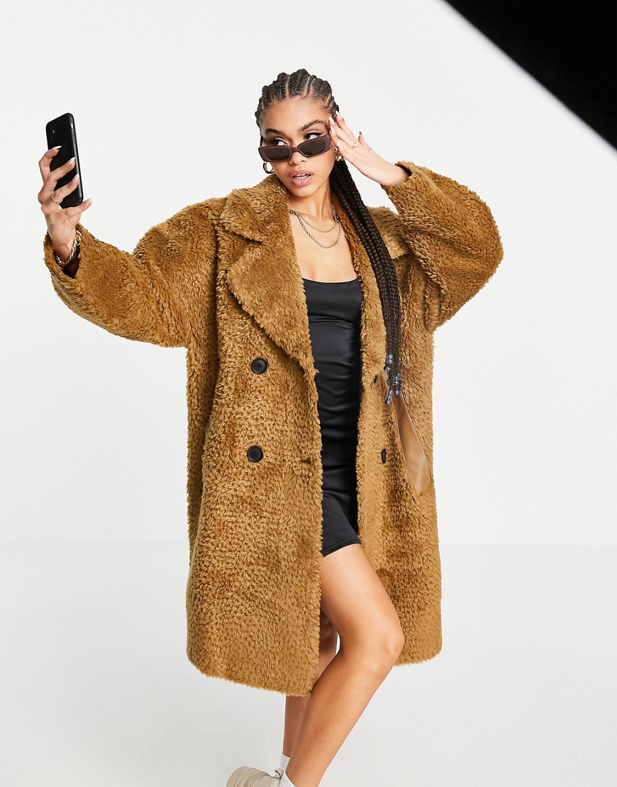 NA-KD oversized teddy faux leather coat in brown