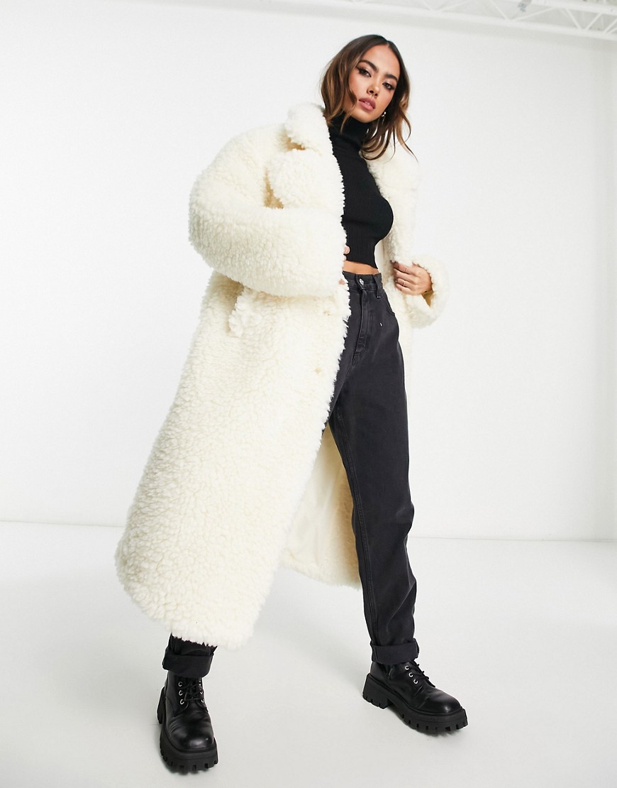 NA-KD oversized teddy fur coat in cream-White