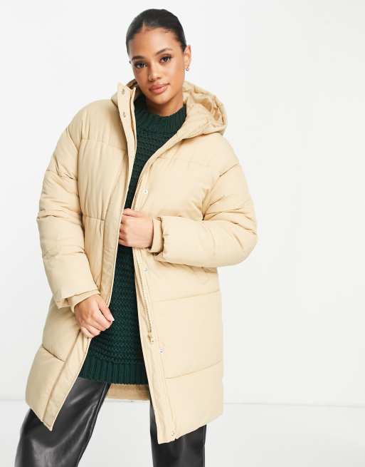 NA KD padded long jacket with hood in beige