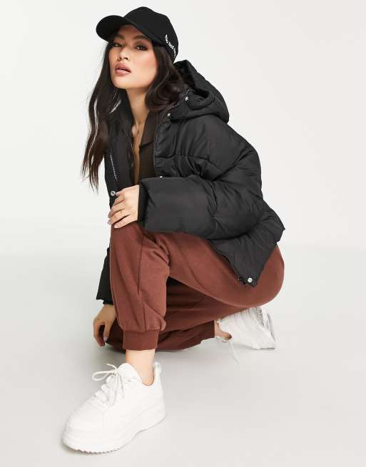 NA KD padded short jacket with hood in black
