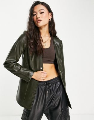 NA-KD padded shoulder faux leather jacket with belt in dark green