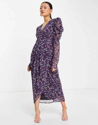 NA-KD padded shoulder floral midi dress in purple