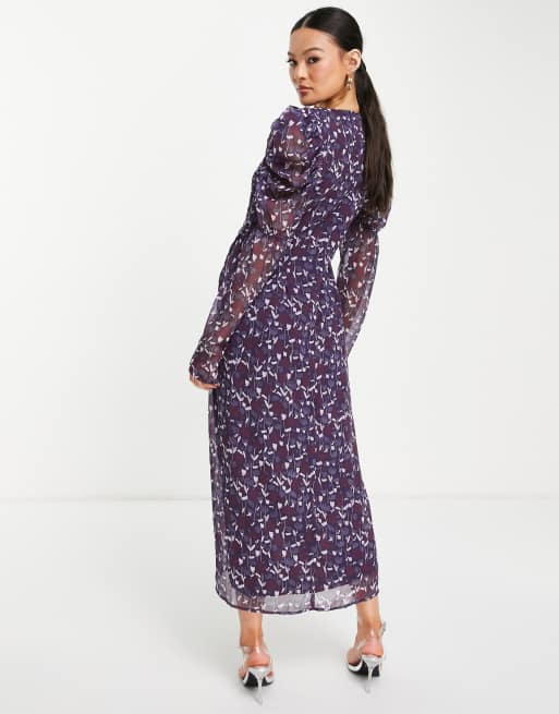 NA-KD padded shoulder floral midi dress in purple, 2 of 4