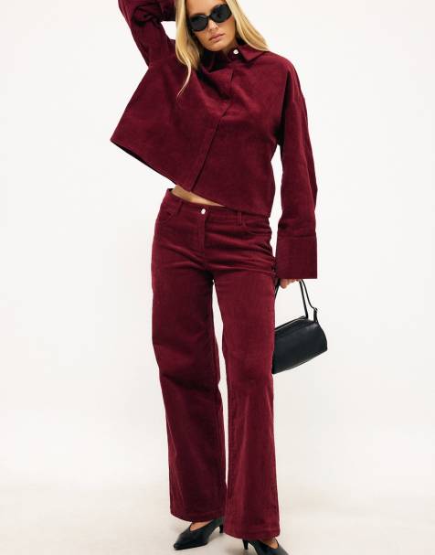 NA-KD pantalon taille basse coupe large en velours côtelé bordeaux - view 1