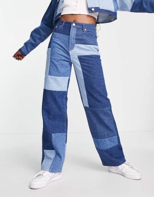 NA-KD - Pantaloni dritti in tessuto denim patchwork, colore blu 