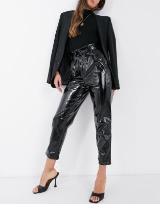 Na-kd Paperbag Waist Vinyl Pants In Black