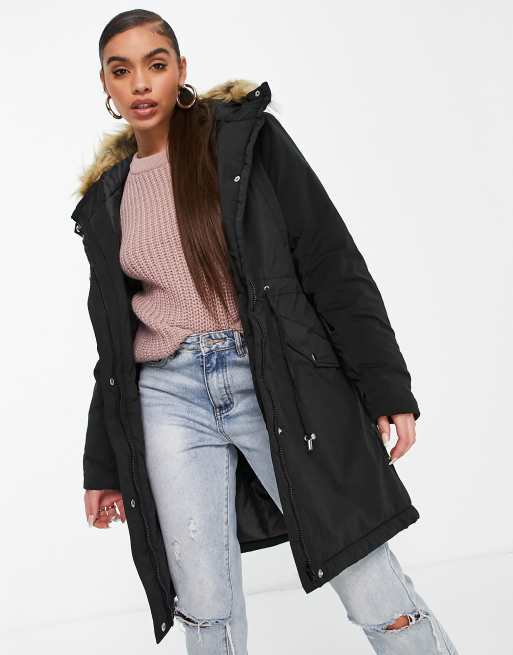 NA-KD - Parka met details van imitatiebont in zwart
