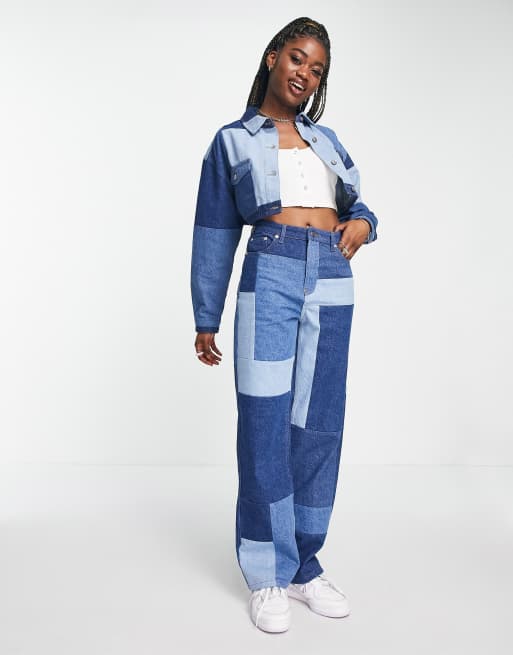 NA-KD patchwork denim straight leg pants in blue - part of a set