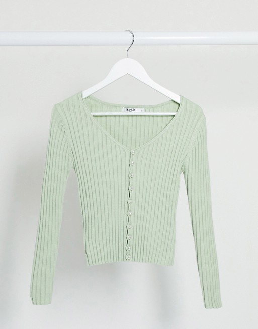 NA-KD pearl button ribbed cardigan in dusty green