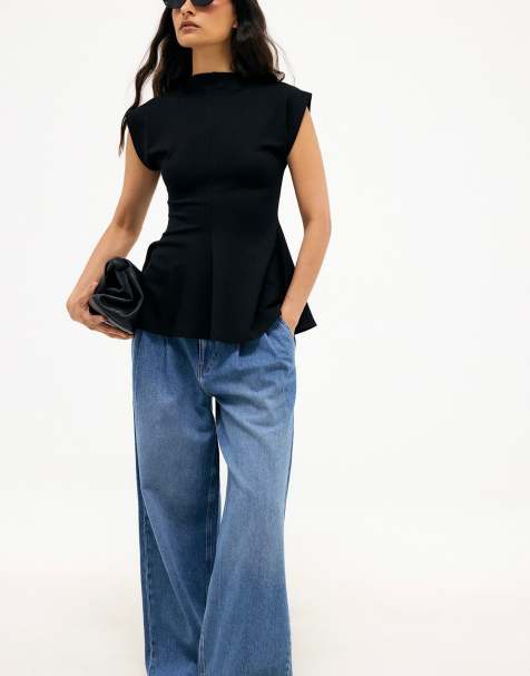 NA-KD Peplum jersey top in black - view 1