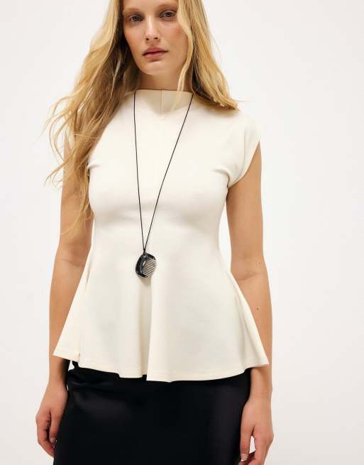 NA-KD Peplum jersey top in white, 3 of 5