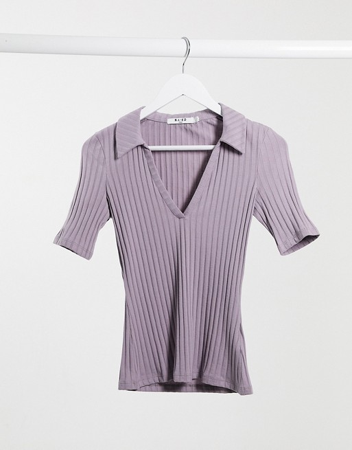 NA-KD pique collar ribbed top in purple
