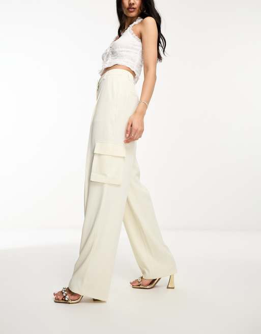 Tall Cream Tailored Wide Leg Cargo Pants