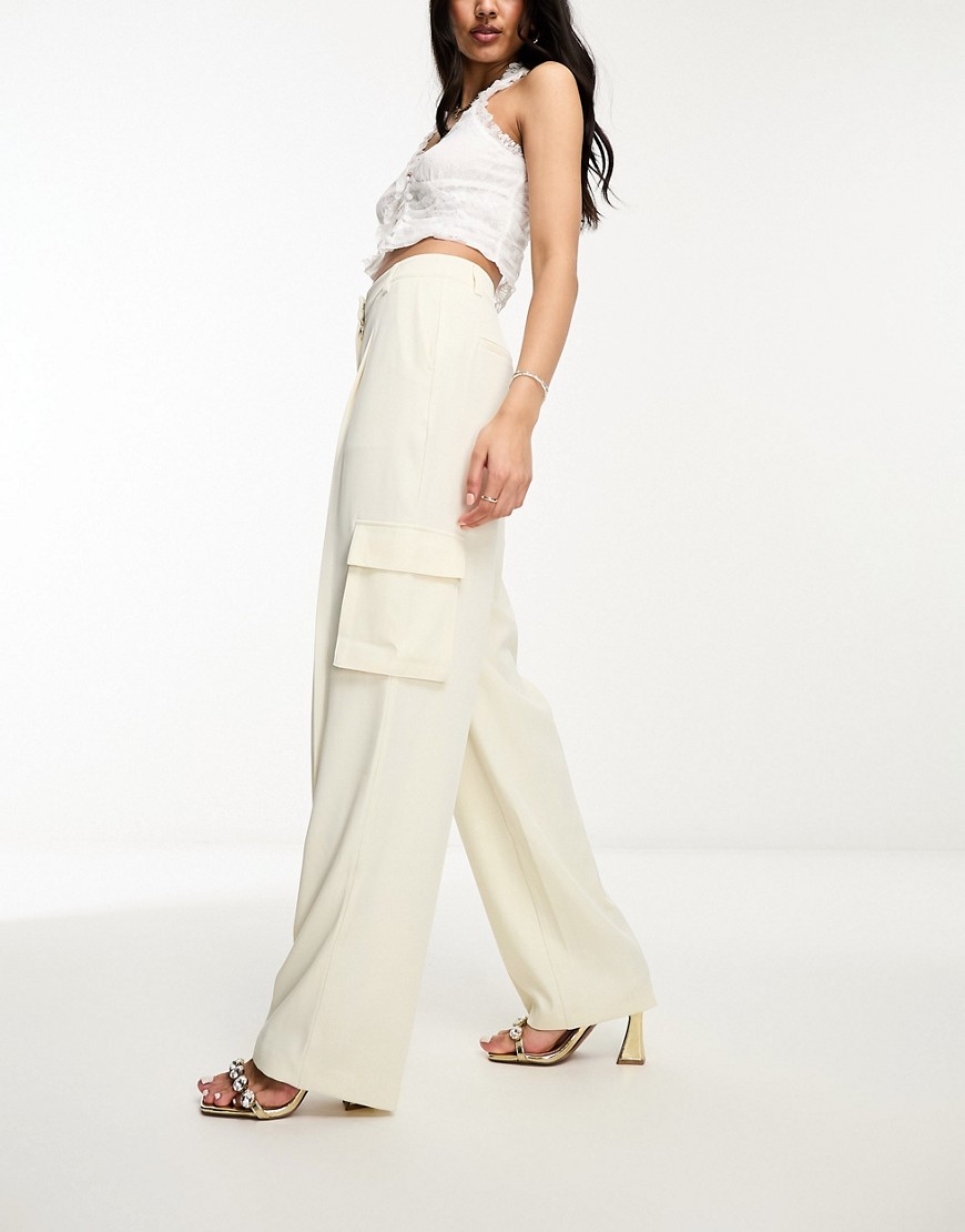 NA-KD pleat detail cargo tailored trousers in off white