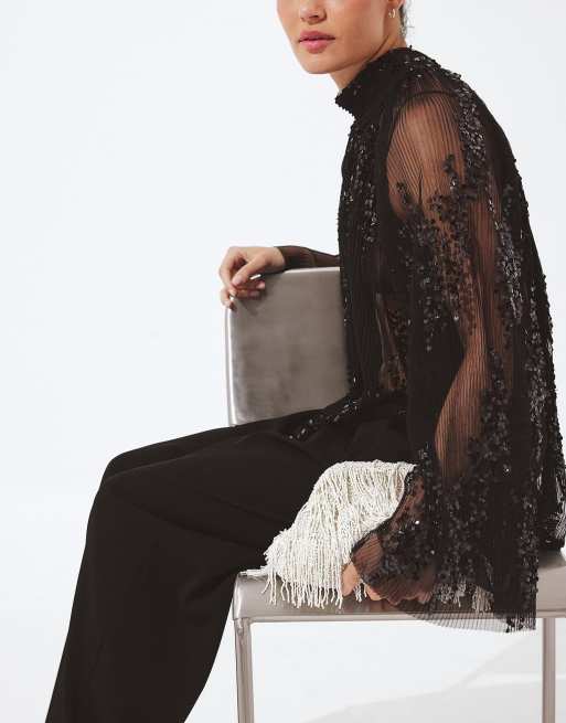 NA-KD Pleated mesh sequin scarf top in black, 3 of 5