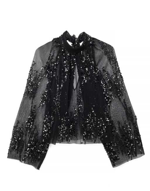 NA-KD Pleated mesh sequin scarf top in black, 4 of 5