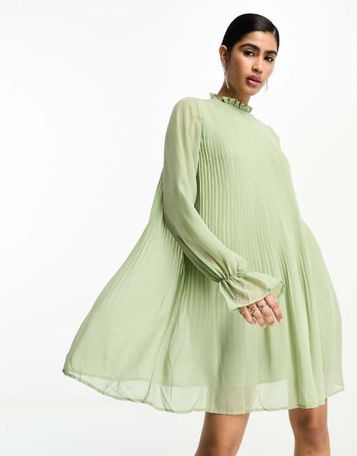 ASOS DESIGN pleated babydoll mini dress with oversized cutwork sleeve in  pale green