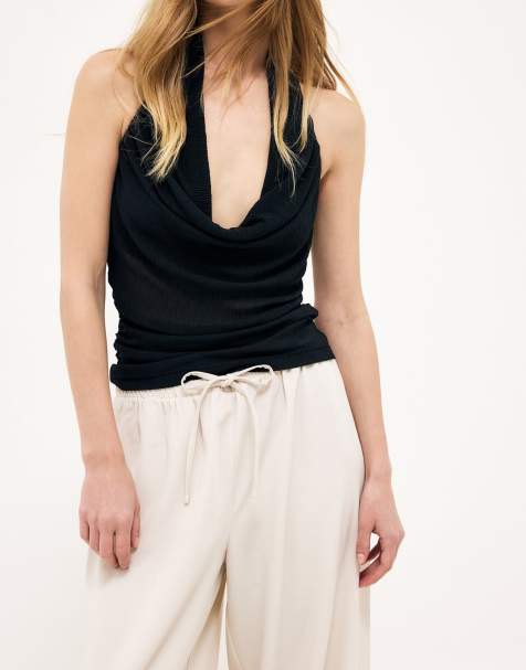 NA-KD Pleated sheer halterneck top in black