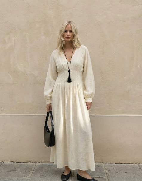 NA-KD Pleated waist v neck midi dress in cream - view 1