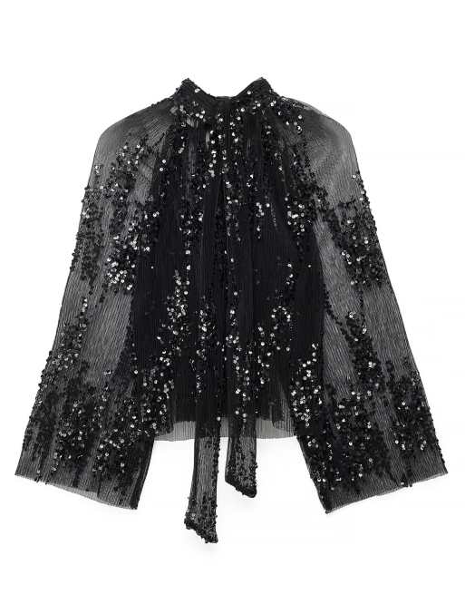 NA-KD plissiertes Mesh-Top mit Pailletten und Schal in Schwarz, 5 von 5