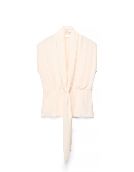 NA-KD Plunge neck tie detail top in cream, 5 of 5