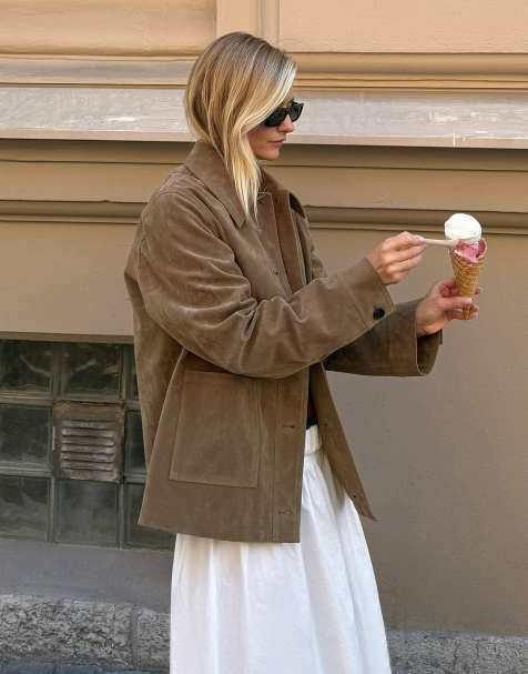 NA-KD Pocket detail faux suede jacket in beige - view 1