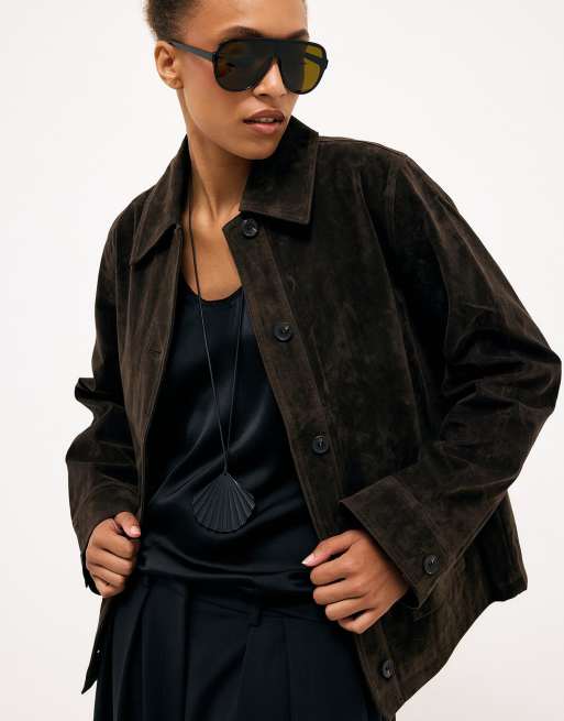 NA-KD Pocket detail faux suede jacket in dark brown, 2 of 5