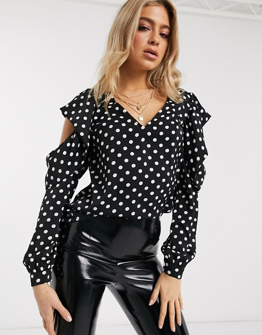 NA-KD polka dot cut detail blouse in black