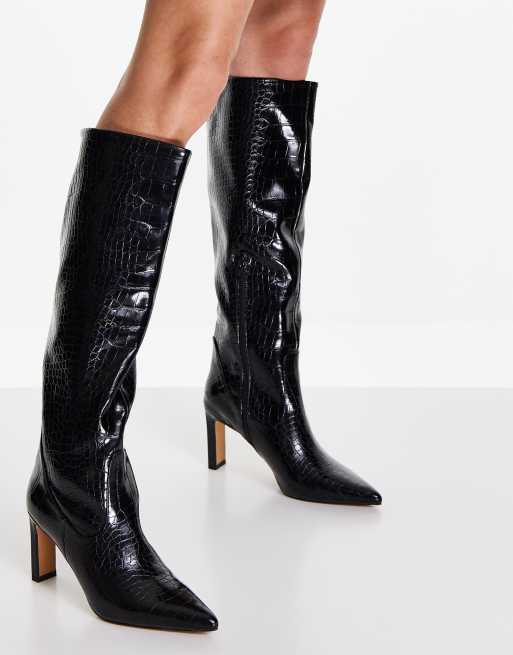 NA KD PU knee high croc print boots with heel in black BLACK ASOS