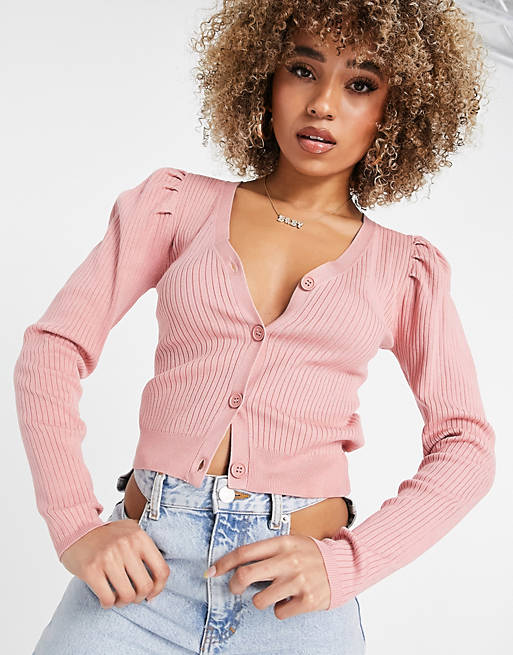 NA-KD puff sleeve fitted cardigan in dusty pink