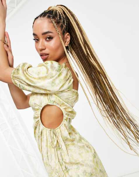 NA-KD puff sleeve floral print midi dress in green - view 1