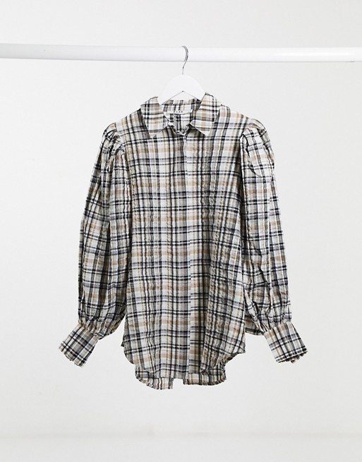 NA-KD puff sleeve oversized check shirt in brown