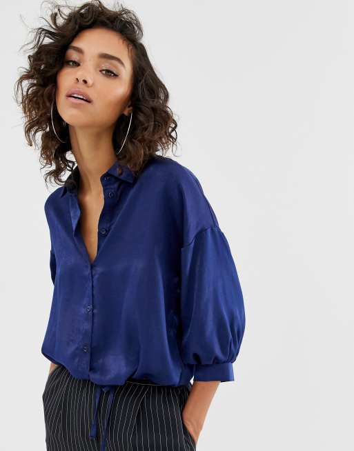 Na-kd puff sleeve satin blouse in navy | ASOS