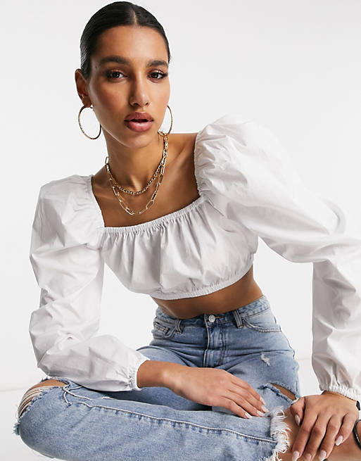 NA-KD puff sleeve square neck top in white
